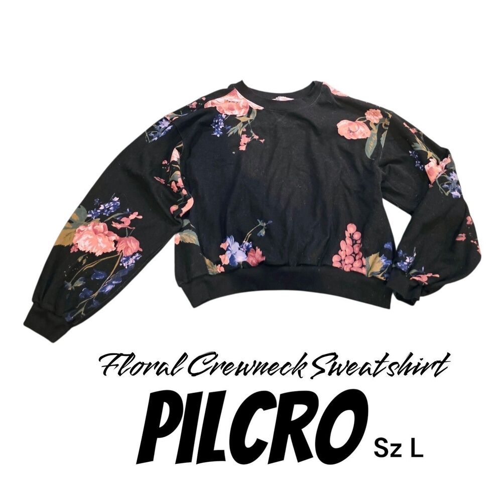 Pilcro Sz L Anthropologie Black Floral Balloon Sleeve Boho Pullover Sweatshirt